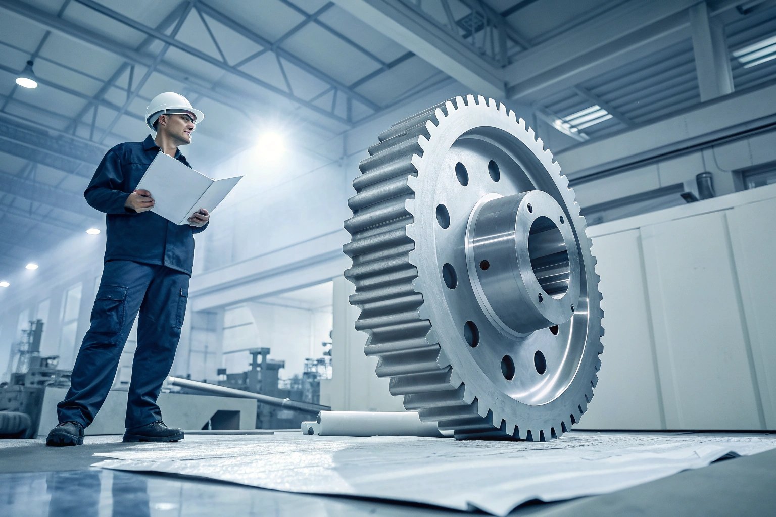 Engineer inspecting large industrial gear